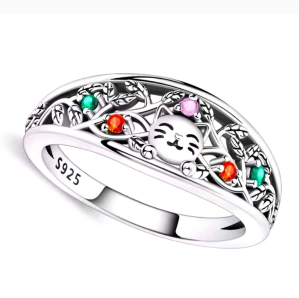 925 Sterling Silver Cat Ring with Multicolor Gemstones Sz 7